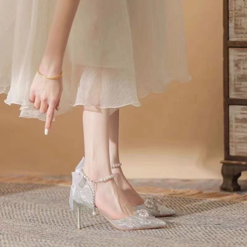 Sandals Silver Wedding Shoes French Stiletto Heel Small Height Princess Adult Ceremony Bow High Heels - Image 4